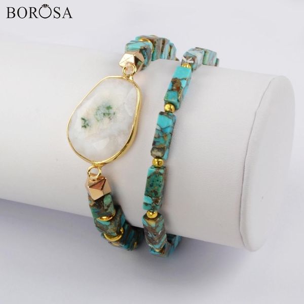 

borosa handmade gild natural solar quartz with square & rectangle cooper turquoises beaded bracelet set women bangle gifts g1824, Golden;silver