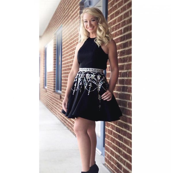 

sparkly crystal short homecoming prom dresses halter open back sequins beaded a line princess designer party cocktail dress black, Blue;pink