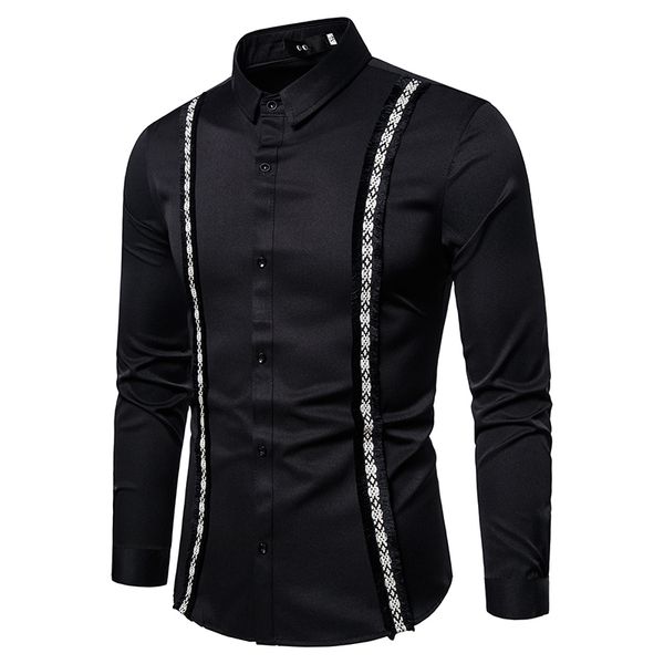 

shirts men dress 2020 fashion patchwork striped slim fit turn-down long sleeve social camisas shirts for mens brand clothing 5xl, White;black