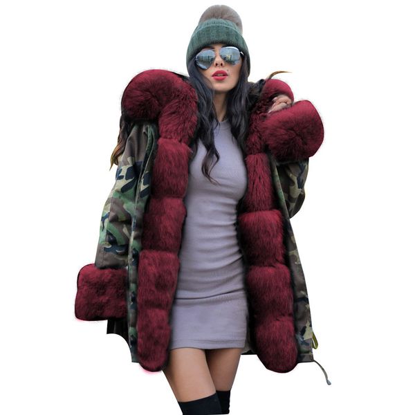 

19fw designer women's coats for autumn and winter fashion new slim warm camouflage jacket long fur collar hooded coat 4 colors s-2xl, Black