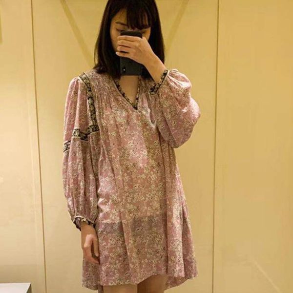 

women's floral print mini dress v-neck long lantern sleeve loose casual short dresses 2020 new, Black;gray