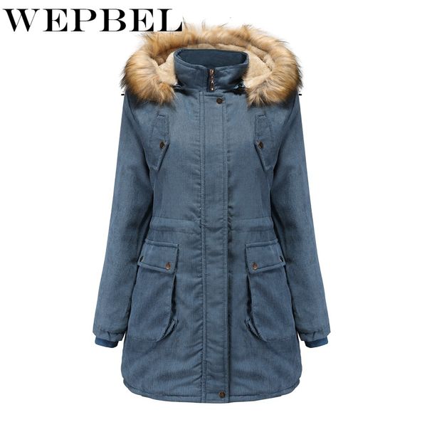 

wepbel corduroy winter parka full long sleeve pockets zipper fashion casual new warm thick fur hooded ladies outwear, Black