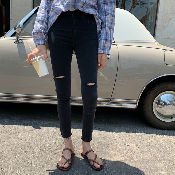 

yellow zheng with holes leggings high-waisted elasticity tight-fit jeans women's 2019 autumn korean-style slim fit trousers k037, Blue
