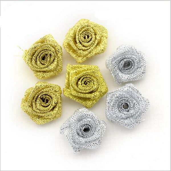 

200pcs/bag hand made dia 2.5cm gold silver onion ribbon rose flower for wedding bouquet decoration flower diy hair accessoires