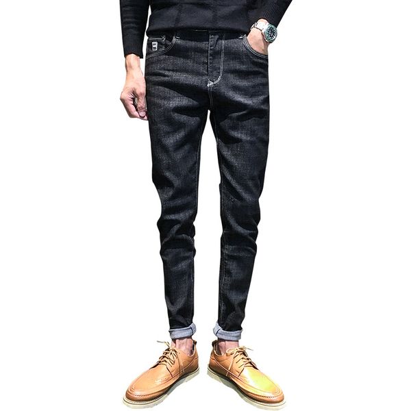 

2019 men's autumn new jeans pencil pants student pants stretch feet white jeans classic youth trousers, Blue