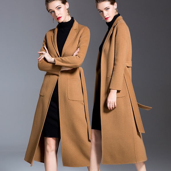 

long woolen blends cashmere coats for women 2019 autumn winter ladies jackets plus size overcoat double sided coffee belt slim, Black