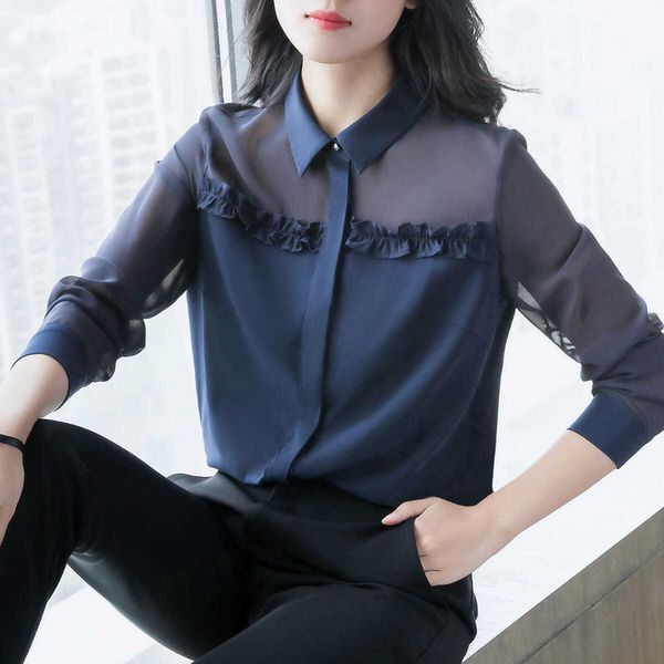 

lace spliced button up office shirt women's fashion long sleeve solid color blouse and spring summer elegant notched shirts, White