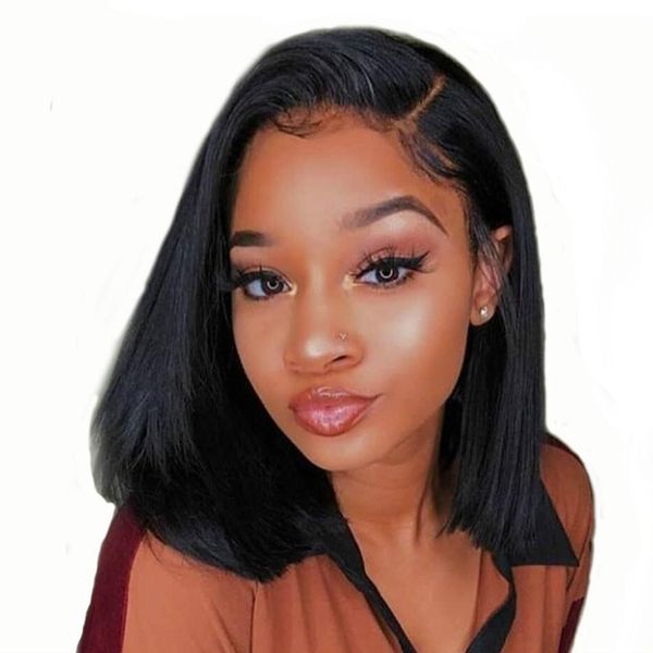 

13x4 фронт шнурка человеческих волосы парики бразильского боб парик remy прямого боб фронт шнурок парики для женщин черных коротких париков, Black