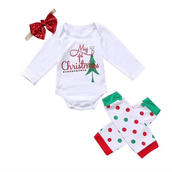 

2020 newborn baby girl christmas clothes set letter xmas print bodysuit+dot leg warmer+headband 3pc outfit costume 0-24m, Pink;blue