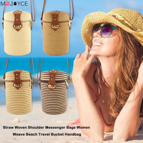

straw woven shoulder messenger bags women weave beach travel bucket handbag