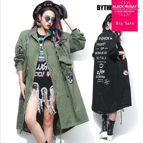 

плюс размера 2019 тайская мод бренд письмо модель 3d бисер рыхлого пальто женская свободная траншея w1528 бесплатная доставка осени женщин, Tan;black