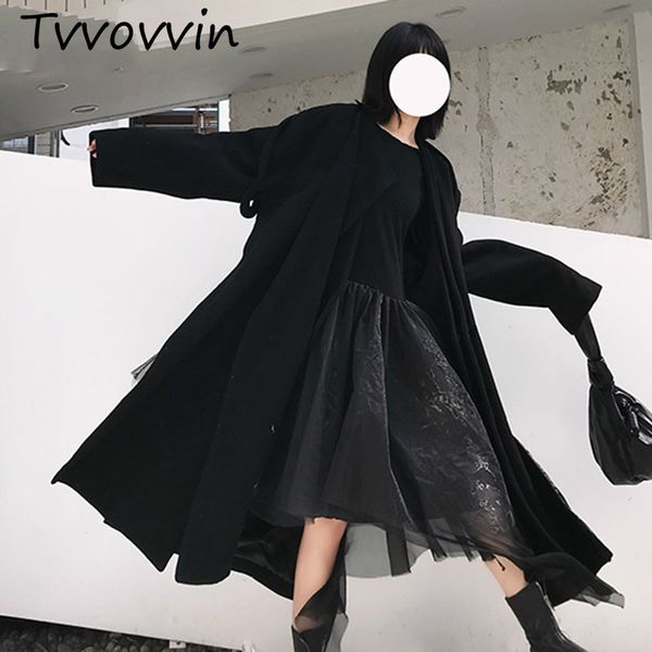 

tvvovvin 2019 spring woman stylish new solid black color long sleeve turn-down collar split hem long loose coat all match c726, Tan;black