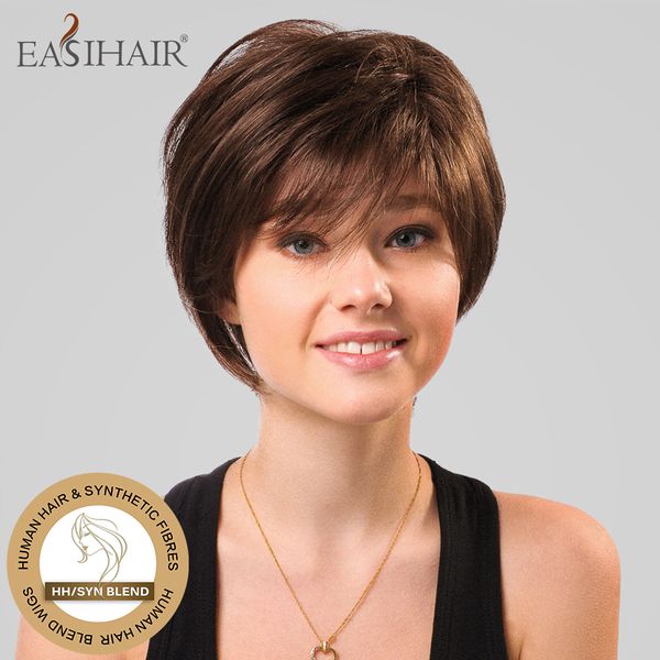 

easihair brown short human hair mixed synthetic wigs with bangs for women high density synthetic blend human natural hair wigs, Black