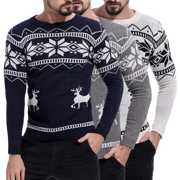 

mens causal o neck sweater men deer printed autumn winter christmas pullover knitted jumper sweaters slim fit male clothes, White;black