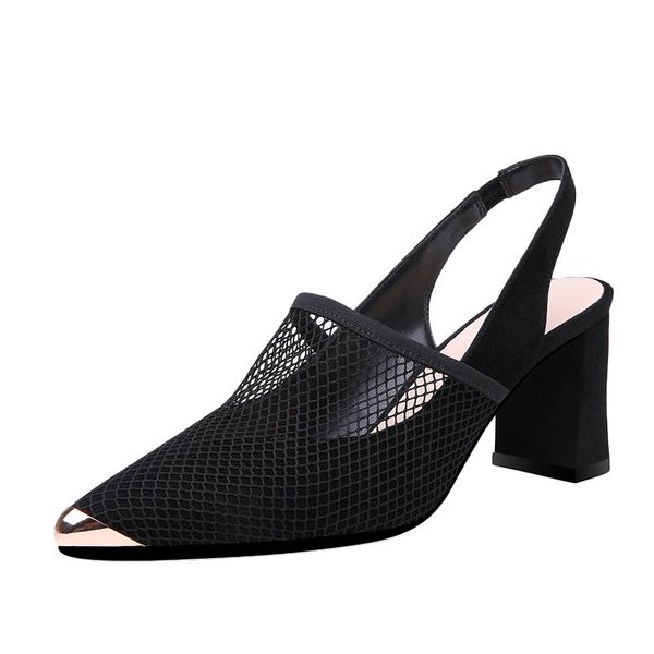 

mcckle wome summer pumps slingback casual ladies slip on high heels mesh shoes fashion thick heels pointed toe comfort footwear, Black
