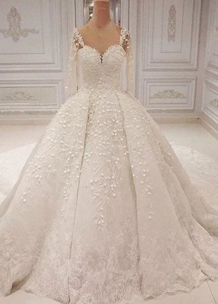 Lace luxo vestido de baile vestidos de casamento manga comprida 3d lace vestidos de noiva plus size dubai árabe formal do vestido de casamento