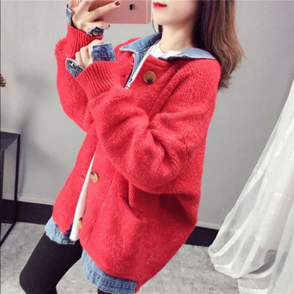 

autumn and winter cowgirl stitching fake two-piece sweater coat loose sweater cardigan top, White