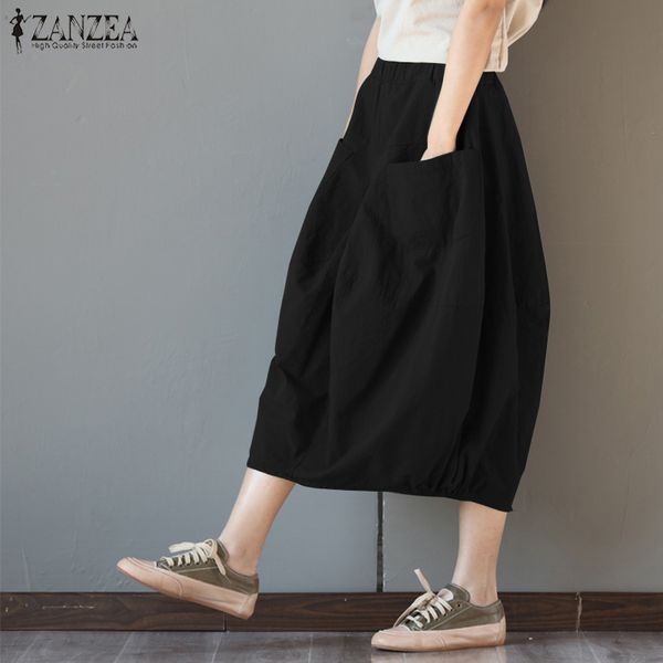 

new zanzea women high elastic waist summer pockets solid loose casual long skirts vintage work party cotton linen skirts jupe, Black;gray