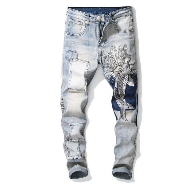 

mens fish embroidery stretch retro skinny jeans slim fit designer patchwork panelled pencil biker bleached denim pants streetwear, Blue