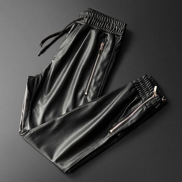 

thoshine brand men leather pants superior quality elastic waist jogger pants zipper pockets faux leather trousers pencil, Black