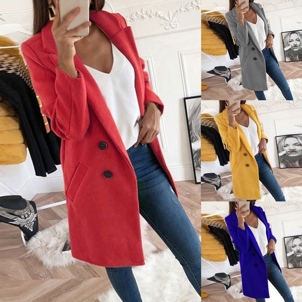 

2019 new coat women long fleece blend coat autumn thin slim fit jacket lady mujer fashion turn-down collar solid casaco feminino, Black