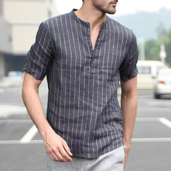 

t shirt men baggy cotton linen stripe short sleeve retro breathable tshirt loose v-neck tees summer fashion japan style, White;black