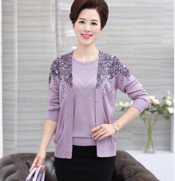

spring & autumn women two pieces knitted suits elegant mother o neck long sleeve sweater cardigan two pieces knitting clothes, White;black