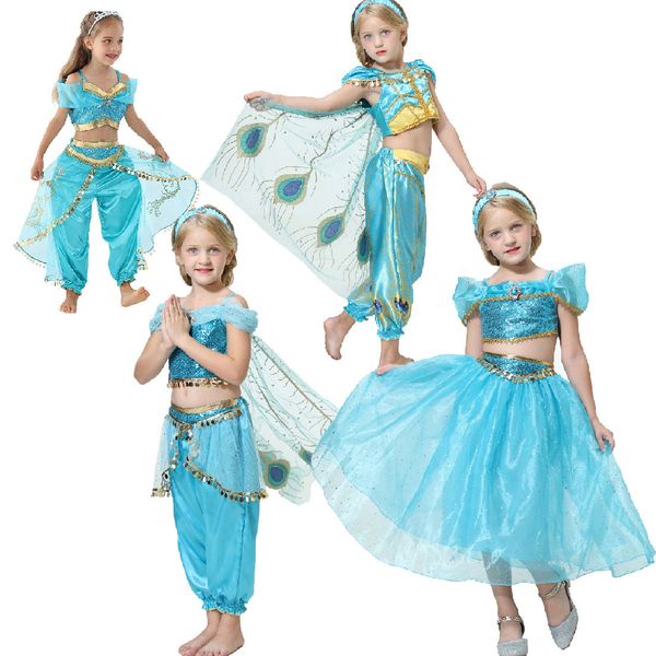 

kids designer clothes girls aladdin lamp jasmine princess outfits children cosplay costume cartoon kids fancy dress clothing sets c1166-1, Blue