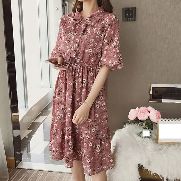 

korean casual print women dress bohemian ladies flare half sleeves knee-length bow o-neck dresses women chiffon dress, Black;gray