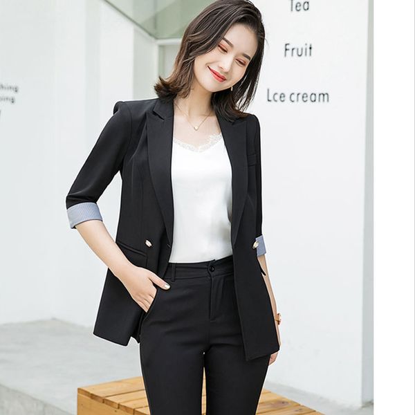 

elegant pants suit women's work clothes 3/4 sleeve jacket trosuers two piece blazer pants suits set for work set, White;black