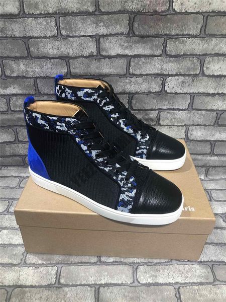 

new designer sneakers red bottom blue shoe high cut studded spikes luxury shoes for men women shoes party crystal leather sneakers, Black