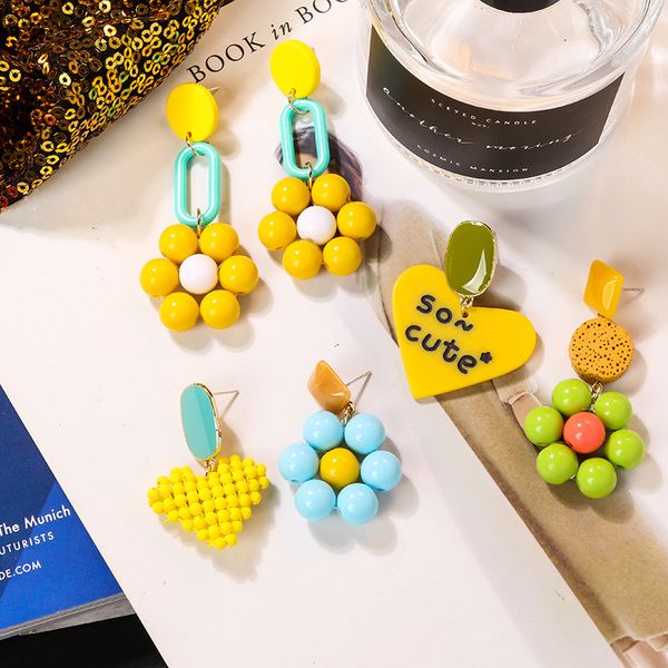 

sweet series sunflower heart asymmetric earrings for women candy color acrylic ball earings, Golden;silver