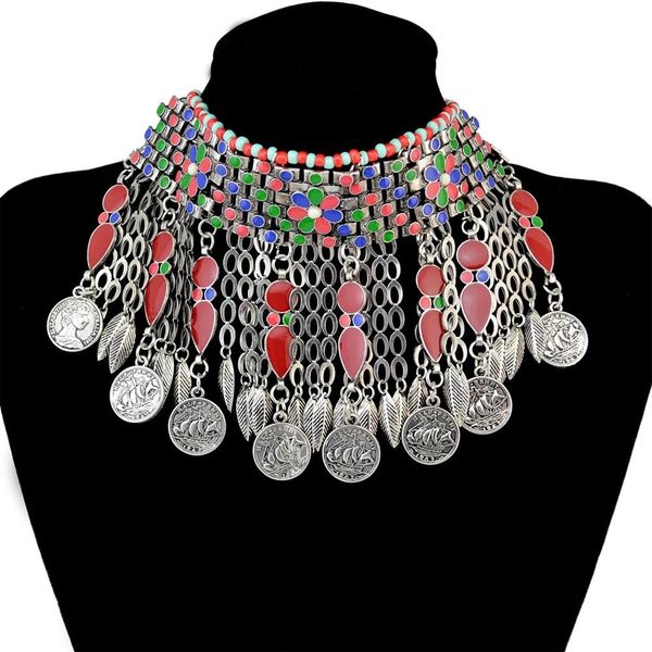 

bohemian gypsy african retro round chain collar bib necklace choker vintage coin braided tassel large pendant necklace for women, Golden;silver