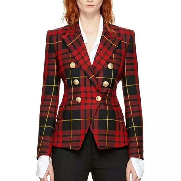 

new fashion baroque designer blazer jacket women's metal lion buttons double breasted plaid blazer, White;black