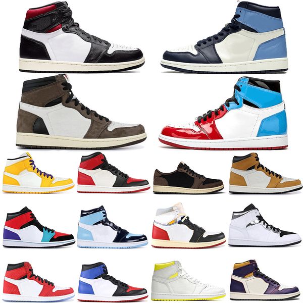 

2020 new 1 high travis scotts low fearless obsidian mens basketball shoes spiderman unc 1s 3 banned bred toe trainers sports sneakers, White;red