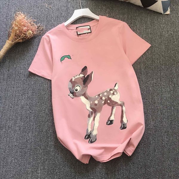 

20 summer chest letter deer back big flower printed peach powder t-shirt trend all-match slim duan xiu, White