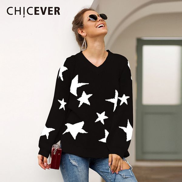 

chicever autumn star hem split women's jumper sweater clothes lantern sleeve v neck sweaters female 2019 fashion new casual, White;black