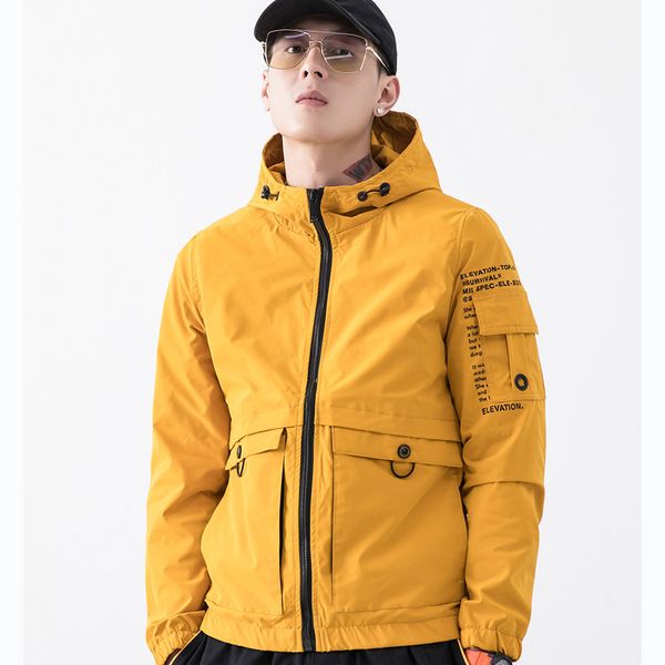 

мужские дизайнерские куртки мальчики марка пальто мужские сплошной цвет топы с шапками молодежи мульти-карман молнии куртка 2019 новый стиль, Black;brown