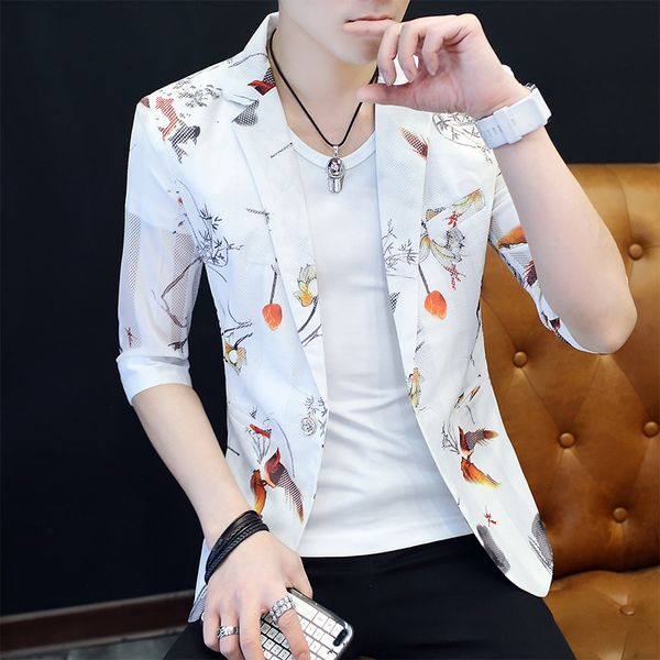

2020 mens slim sleeve thin printing sleeve casual suit teenagers sunscreen single suit, White;black