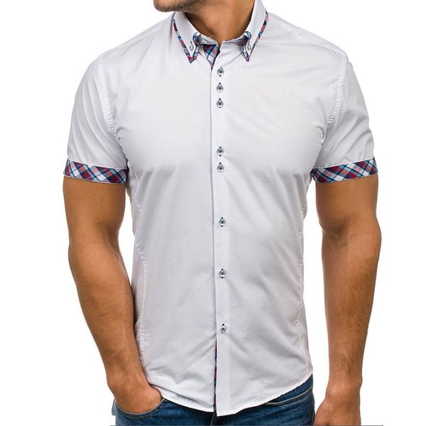 

2019 men's patchwork plaid hit color print shirt men's short-sleeve shirt brand casual men shirts, White;black