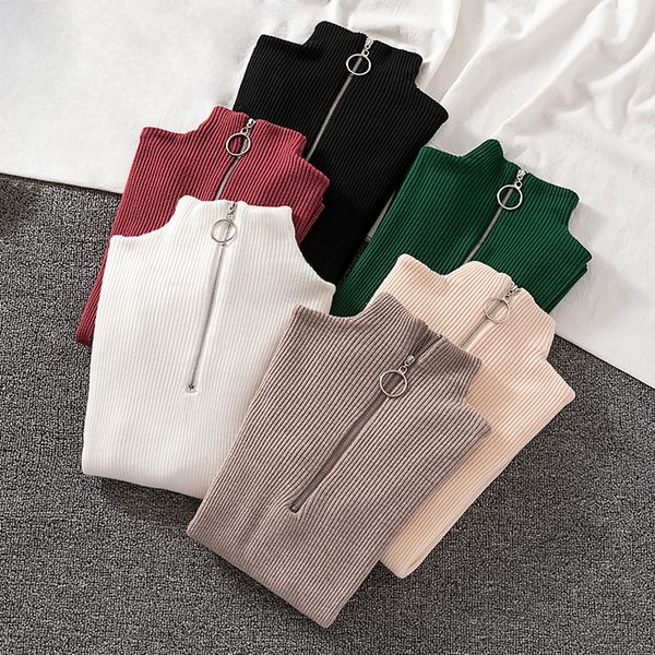 

ladies zip half turtleneck sweater autumn spring slim knitted pullover long sleeve pure white elastic knitwear, White;black