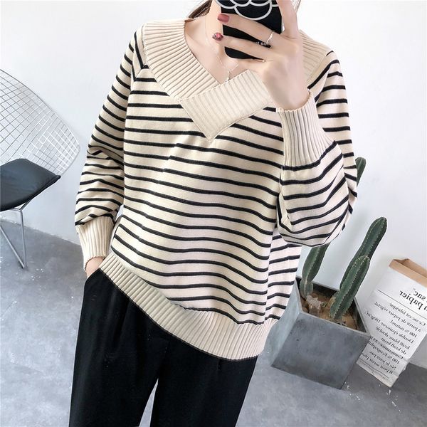 

autumn women wear striped sweaters, winter neck tights, comfortable knitted sweater truien dames pull femme jersey knitting, White;black