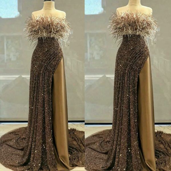

fashion feather evening gowns strapless sequined ruffles prom dress custom made formal runway wear party dress robes de soirÃ©e, Black;red