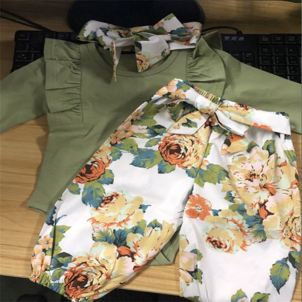 

2020 summer baby girl clothes sets lace romper floral pants headdress long sleeve outfits, White