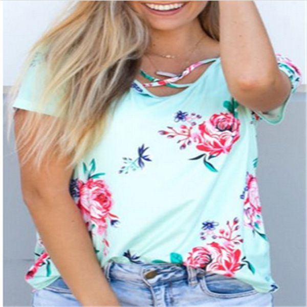

summer floral print women t-shirt 2017 new fashion criss cross tees casual o-neck short sleeve t shirt plus size, White