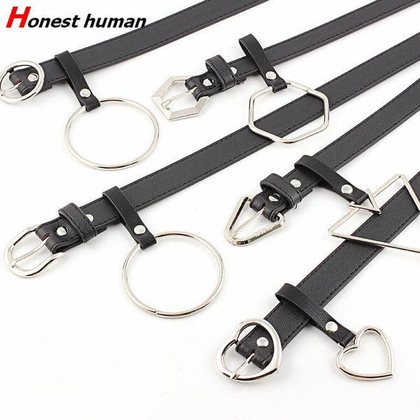 

designer women geometric metal rings decorative belt female pu leather pin buckle waist belt fashion cute for jeans party, Black;brown