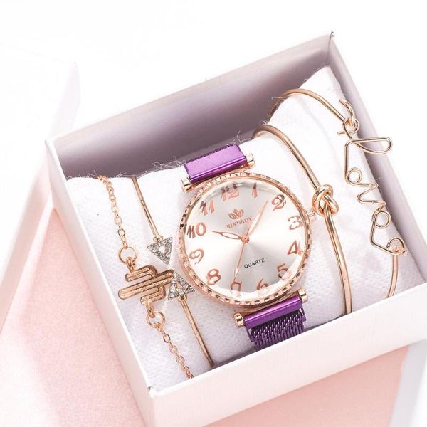 

5pcs set watch women arabic numerals magnet buckle ladies wrist watch simple dress bracelet set montre femme gifts, Slivery;brown