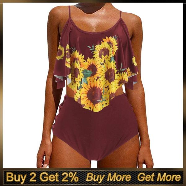 

купальники женщины бикини 2020 push-вверх проложенный волан lattice подсолнечное печать волан tankini купальники бикини mujer 2020