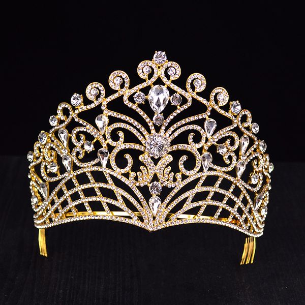 

trendy luxury big crystal tiaras gold silver color crystal rhinestone pageant prom crowns for wedding hair accessories hg-037, Golden;white