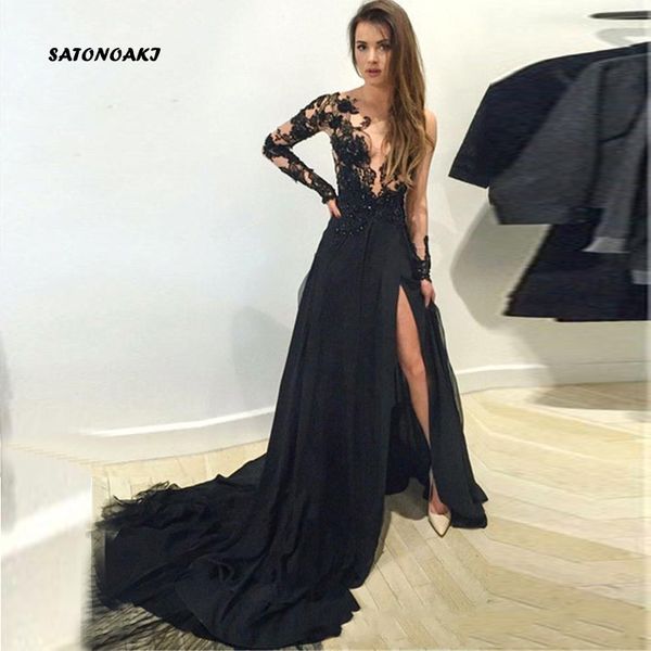 

satonoaki 2019 split arabic evening dresses a line v neck black long sleeves dubai sequin lace applique formal prom dress, White;black